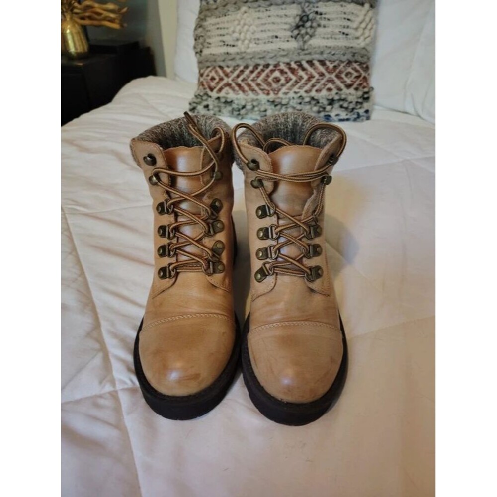 MIA Womens Combat Boots Tan Leather Sweater Cuff Lace Up Hiker Zip Boho Sz 6 - Picture 2 of 8